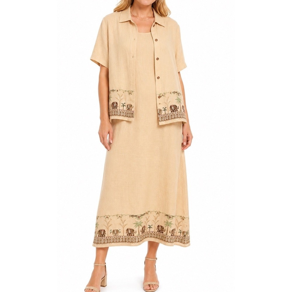 VTG Plaza South 100% Linen Maxi Dress & Sleeve‎ Jacket Embroidered Womans 18W